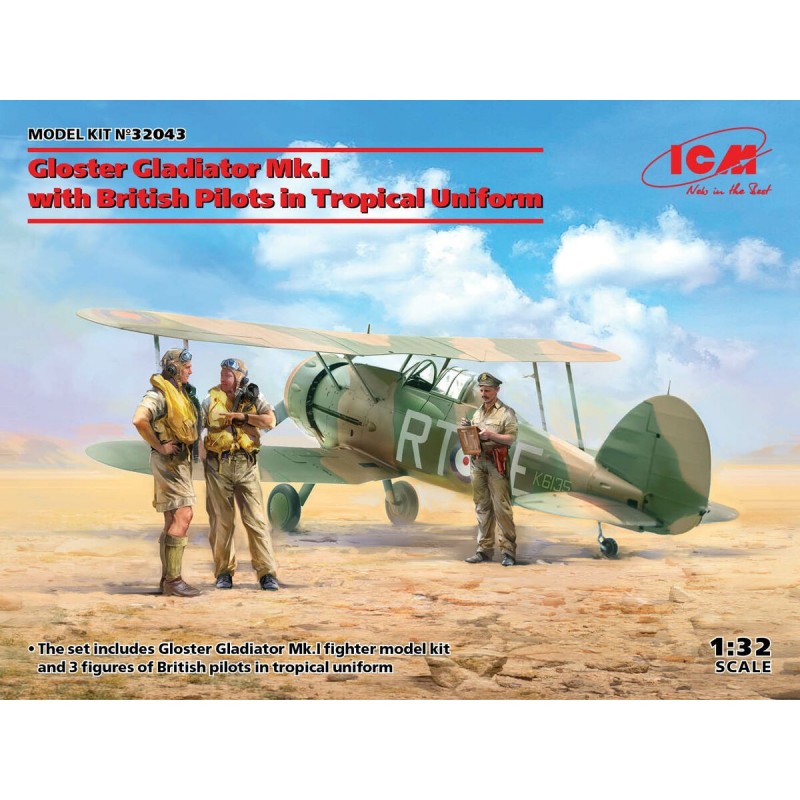 Maquette Avion ICM 1/32, Gloster Gladiator Mk.I avec pilotes, déco tropique, 4823044406388