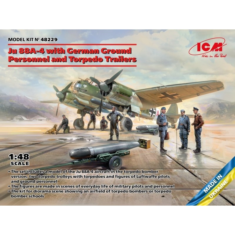 Maquette bombardier 1/48 ICM JU 88A 4 avec personnel au sol et torpille, 4823044409549