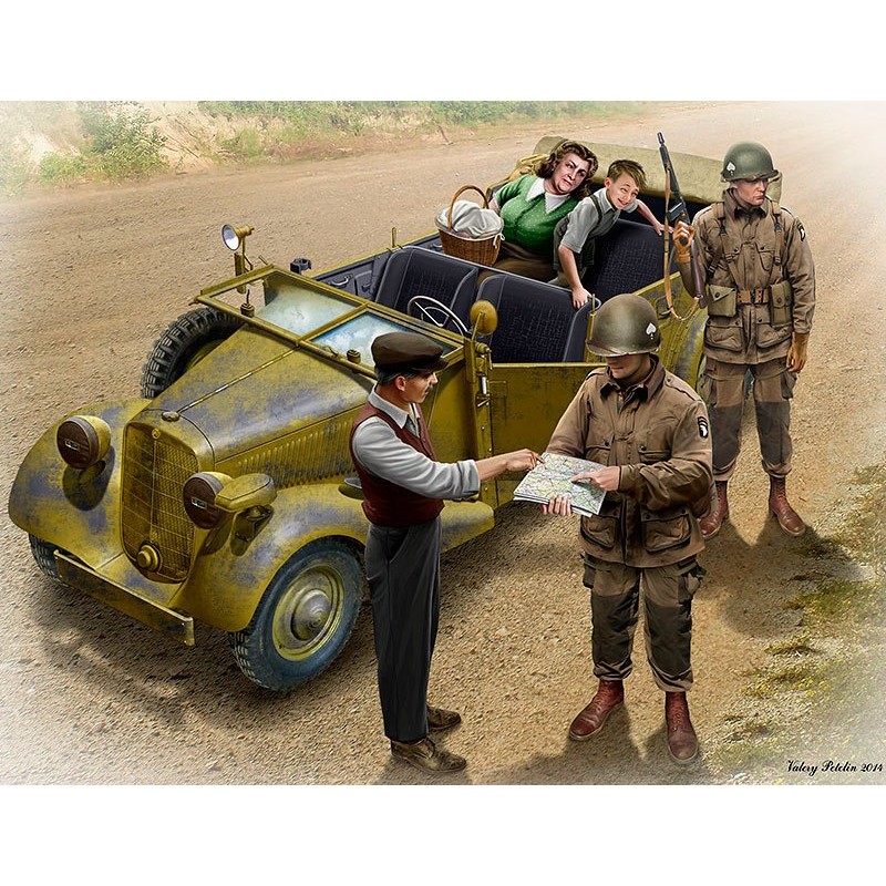 Master Box 35161 – Parachutistes américains et civils avec véhicule allemand – 1/35